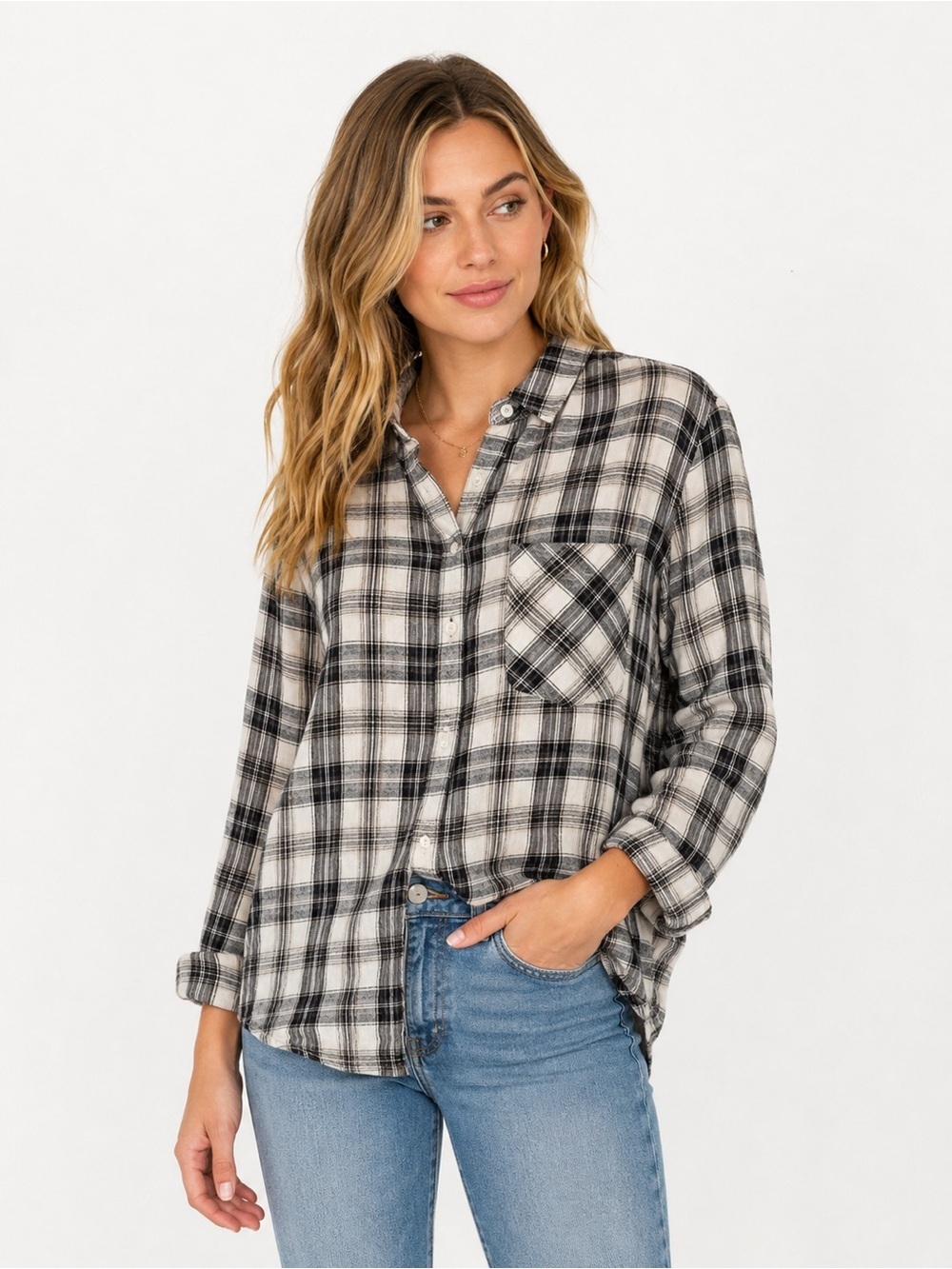 Current/Elliott Plaid Gauze Button Front Shirt Womens Size 1 Gray White